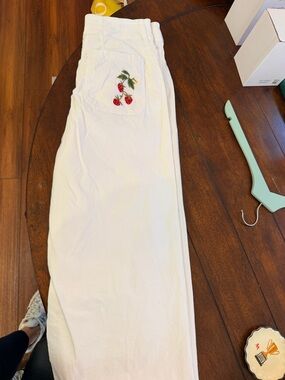 Maeve White Straight Leg Pants with Red Strawberry Embroidery